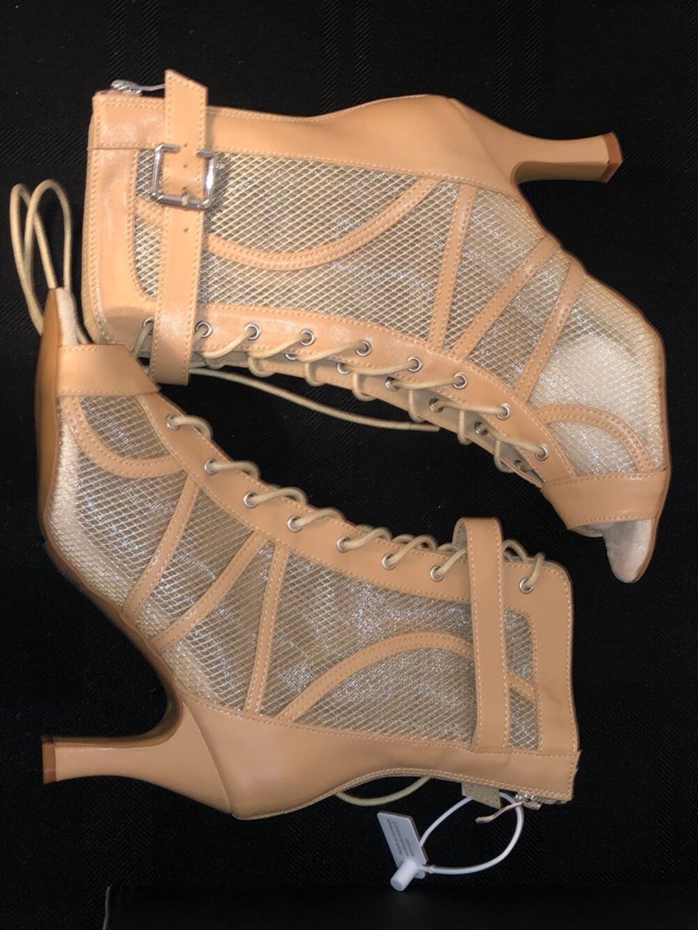 DanceandSway Tan Mesh Lace Up Gladiator Dance Booties Heels 8.5